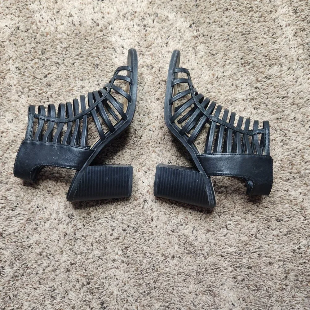 Soda Black Strappy Cadged Chunky Block Ankle Heels